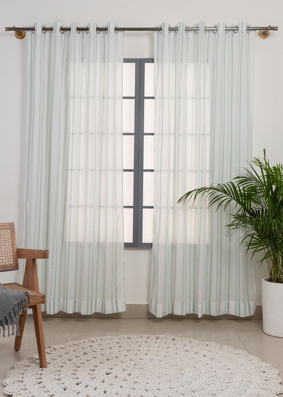 Picket Fence printed sheer Fabric - Sage Green
