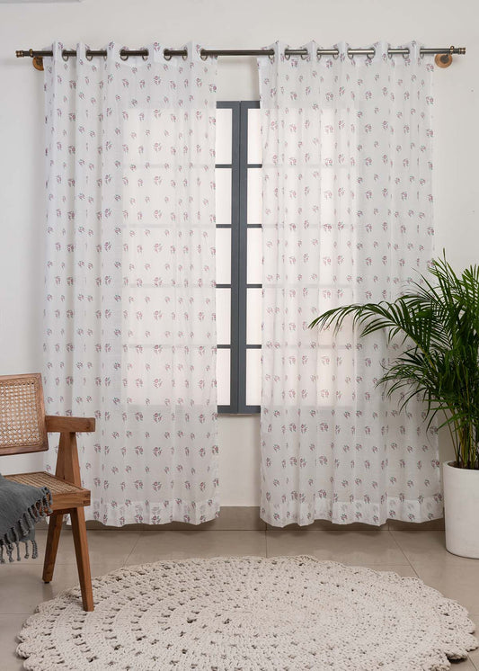 Rose Garden Lavender 100% Cotton Sheer floral curtain for Living room - Light filtering - Single Piece