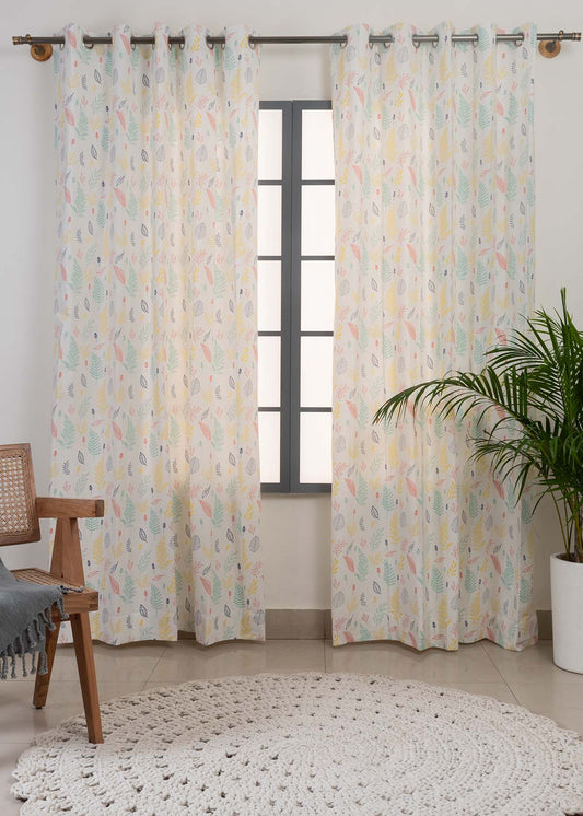 Rustling Leaves Multicolor 100% cotton floral curtain for bed room - Light Reduction - Single Piece