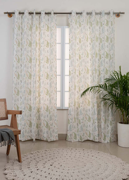Rustling Leaves Green 100% cotton floral curtain for bed room - Light Reduction - Single Piece