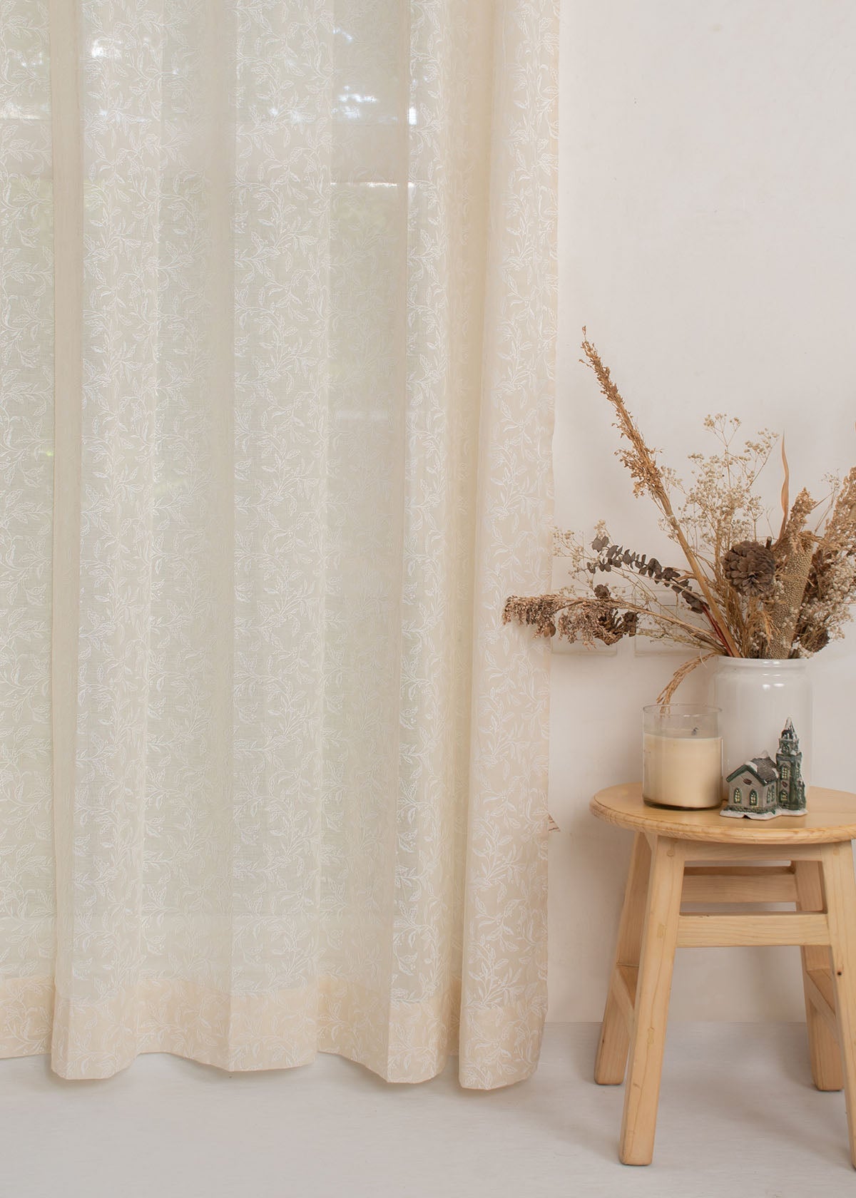 Trailing Berries 100% Cotton Sheer minimal curtain for Living room - Light filtering - Cream - Single Piece