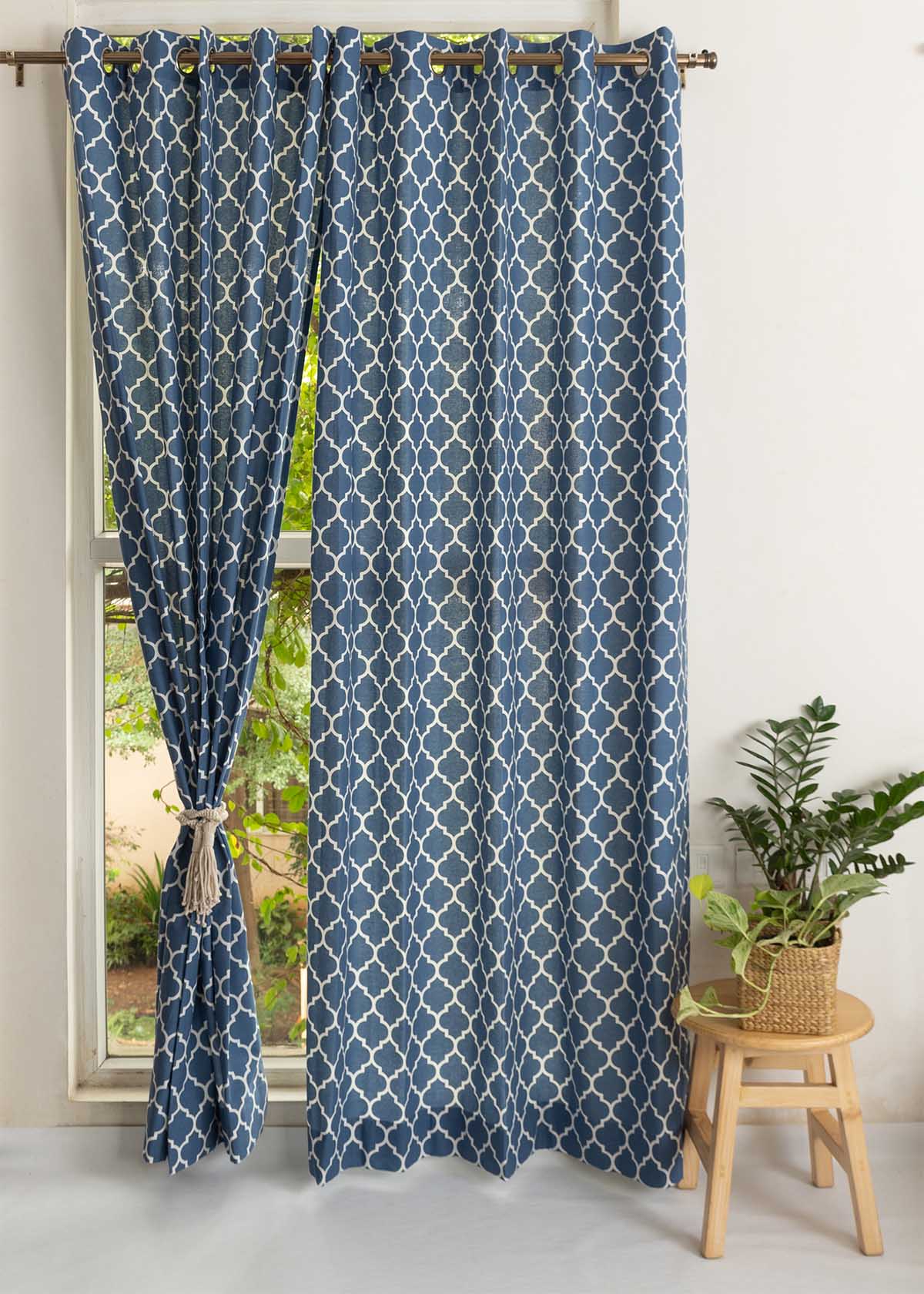Reverse Trellis Royal Blue 100% cotton geometric curtain for bed room - Room darkening - Single Piece