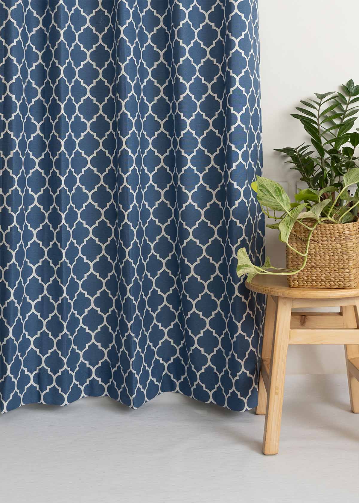 Reverse Trellis Royal Blue 100% cotton geometric curtain for bed room - Room darkening - Single Piece