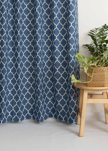 Reverse Trellis Royal Blue 100% cotton geometric curtain for bed room - Room darkening - Single Piece