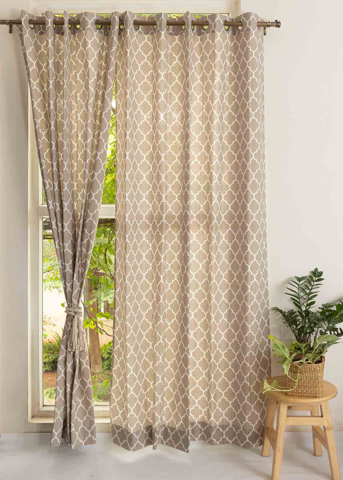 Reverse Trellis 100% cotton geometric curtain for bed room - Room darkening - Walnut Grey - Single Piece