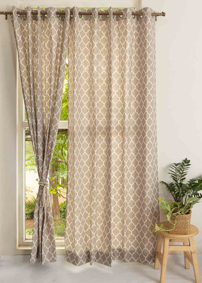 Reverse Trellis 100% cotton geometric curtain for bed room - Room darkening - Walnut Grey - Single Piece