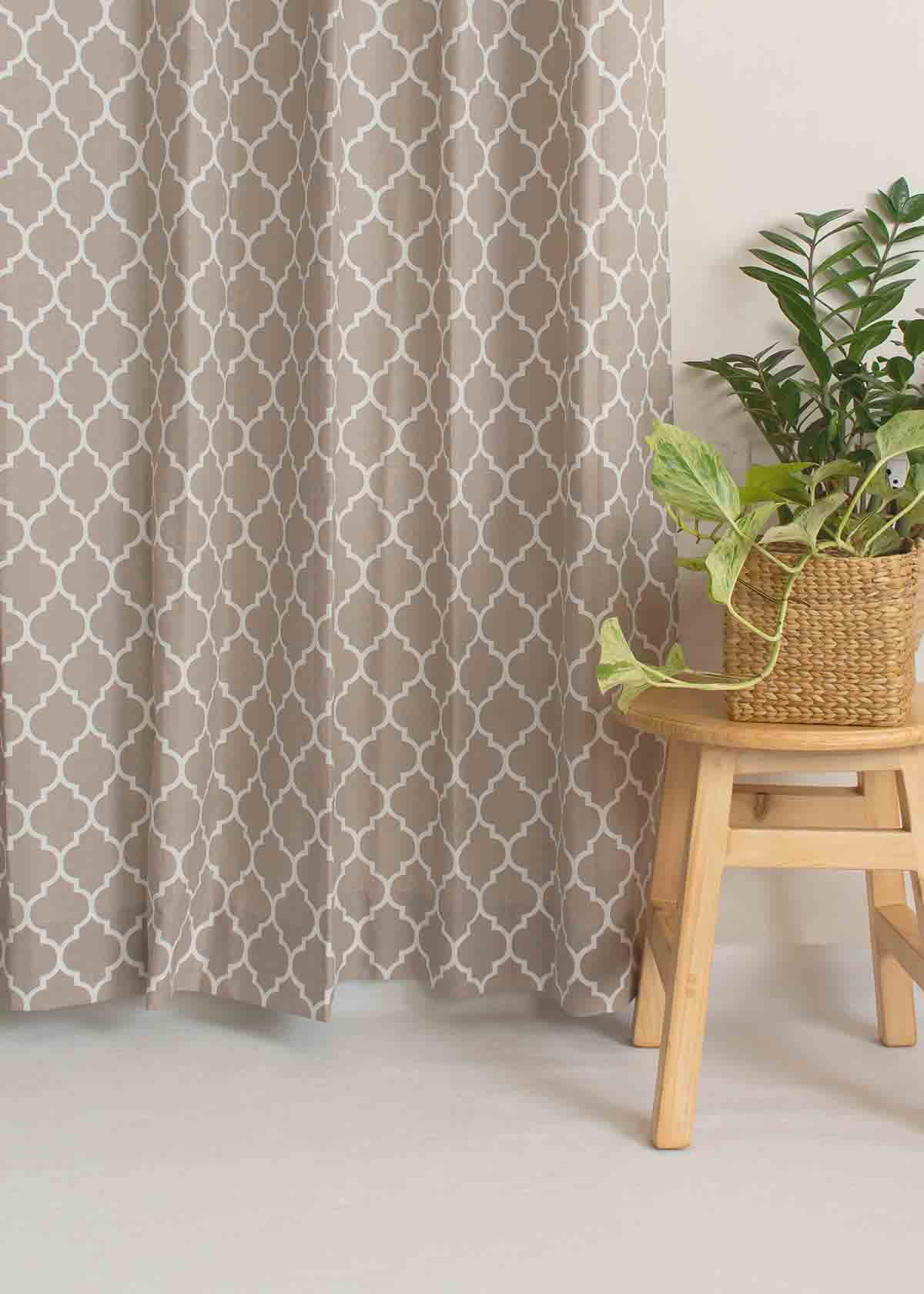 Reverse Trellis 100% cotton geometric curtain for bed room - Room darkening - Walnut Grey - Single Piece