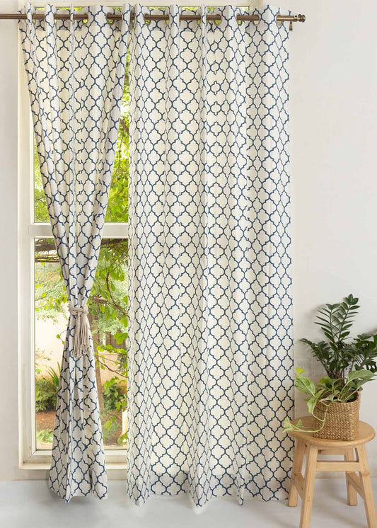 Trellis Printed Royal Blue 100% cotton geometric curtain for bed room - Light Reduction - Single Piece