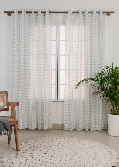 Uneven checks geometric 100 % cotton sheer curtain for Living room & bedroom - Light filtering - Grey - Single Piece