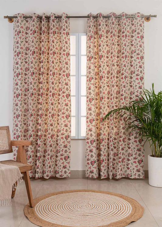 Wild Roses 100% cotton floral curtain for Living room & bed room - Room darkening - Single Piece