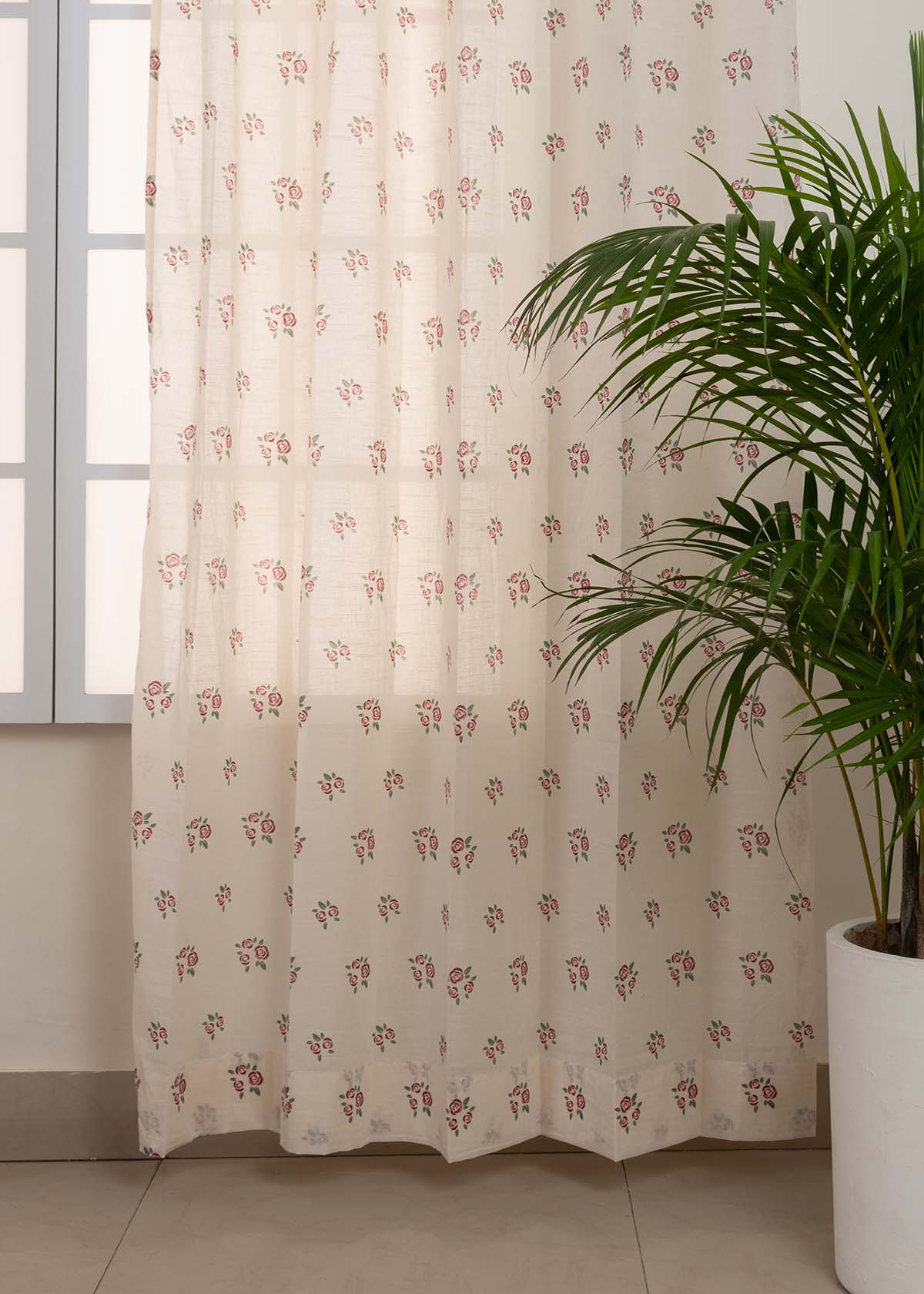 Rose Garden Wine Red 100% Cotton Sheer floral curtain for Living room - Light filtering - Single Piece