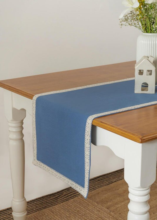Solid Royal Blue 100% cotton plain table runner for 4 seater or 6 seater dining with lace border - Royal blue
