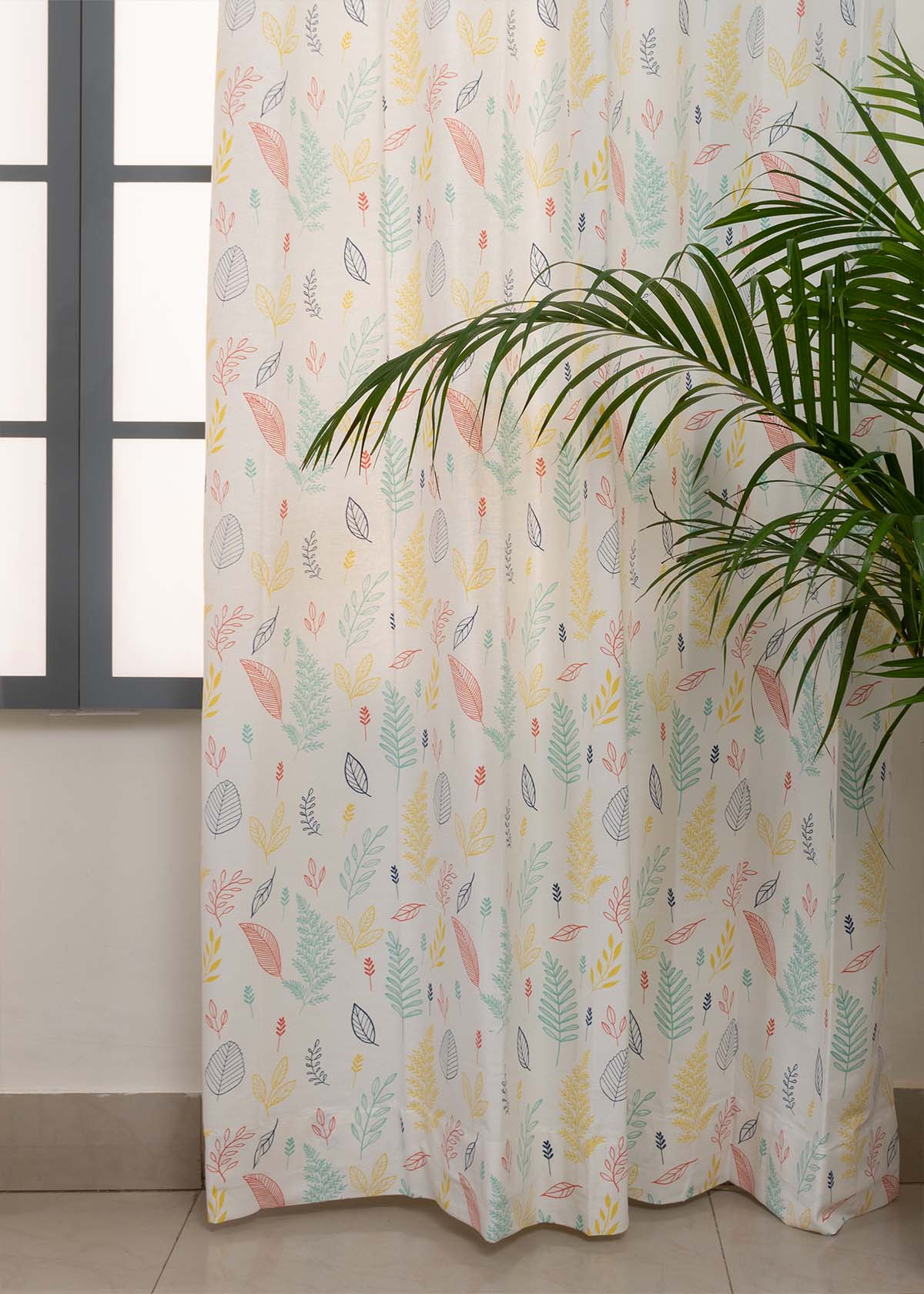 Rustling Leaves Multicolor 100% cotton floral curtain for bed room - Light Reduction - Single Piece