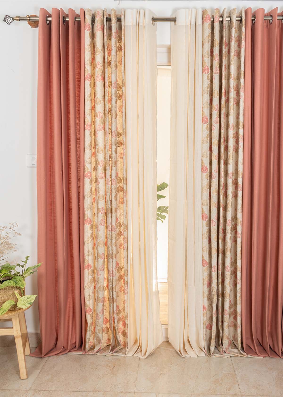 Rust Solid, Indian Shimmer,Cream Solid Sheer Set Of 6 Combo Cotton Curtain - Multicolor