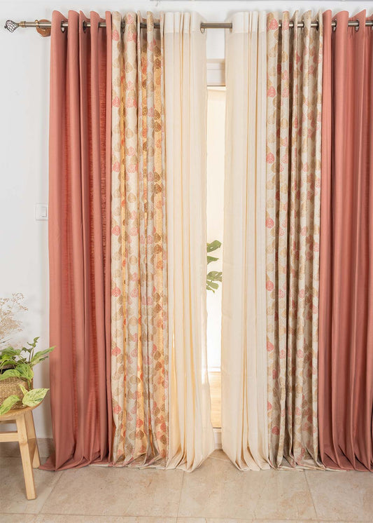 Rust Solid, Indian Shimmer,Cream Solid Sheer Set Of 6 Combo Cotton Curtain - Multicolor
