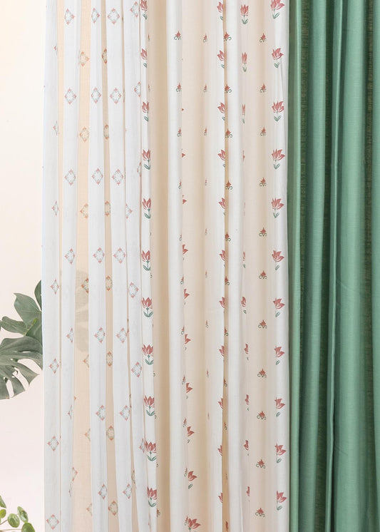 Sage Green Solid, Lotus Pond, Sacred Waters Sheer Set Of 6 Combo Cotton Curtain - Sage Green And Off White