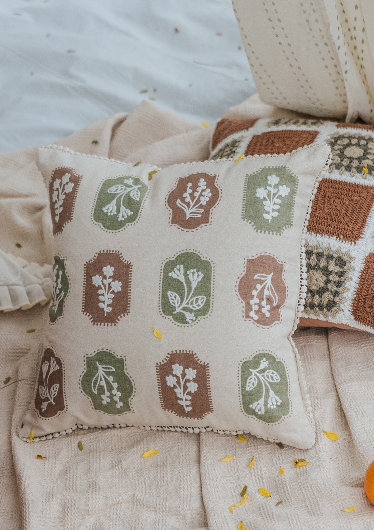 Stamps Embroidered Floral Motif 100% Cotton Cushion Cover for Sofa - Green and Rust