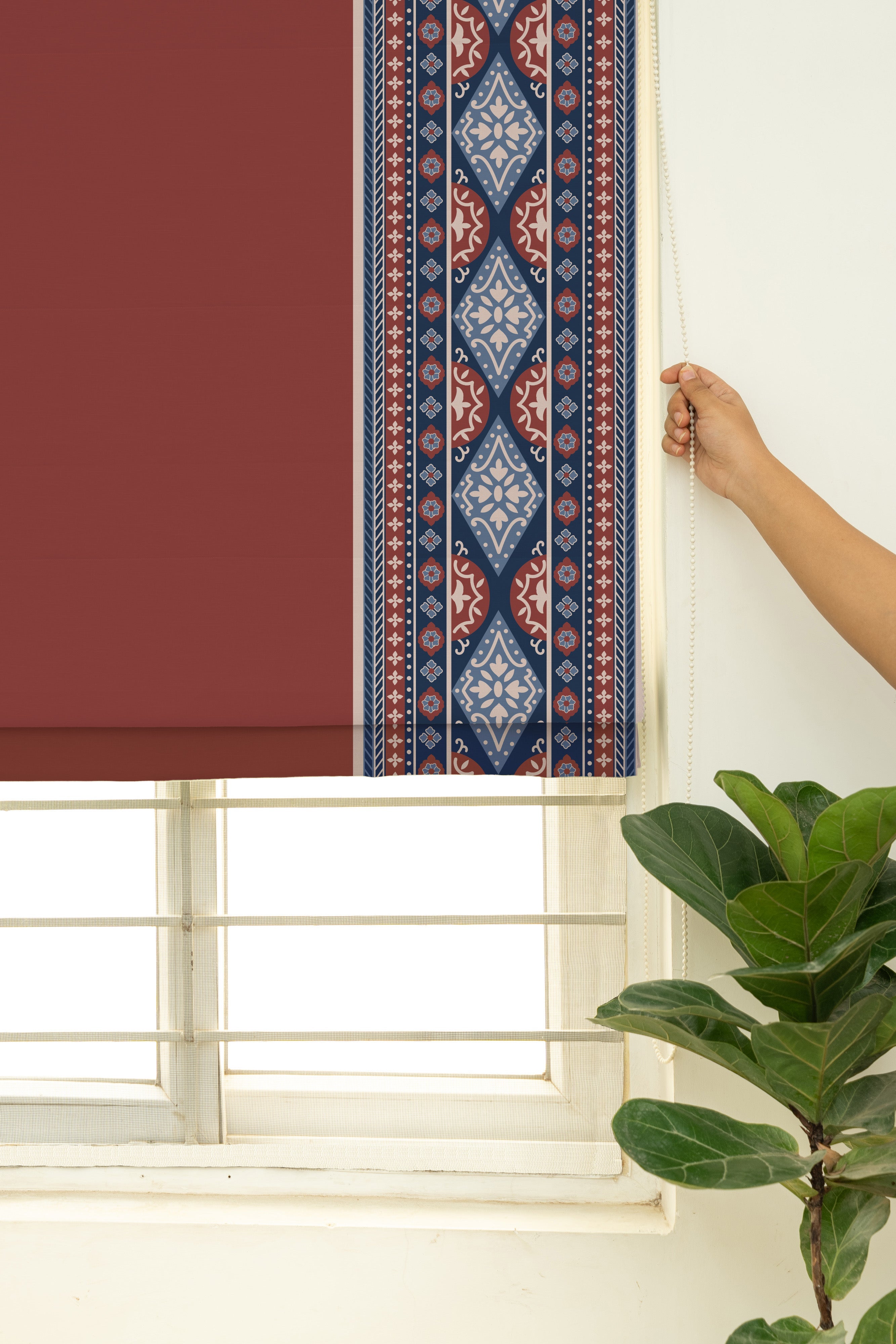 Tara Brick red 100% Cotton with Trim Customizable blind for livingroom & Bedrooms  - Room Darkening - Brick Red