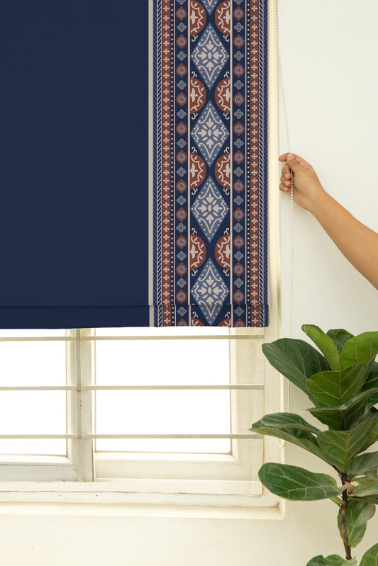 Tara Indigo 100% Cotton with Trim Customizable blind for livingroom & Bedrooms  - Room Darkening - Indigo & Red