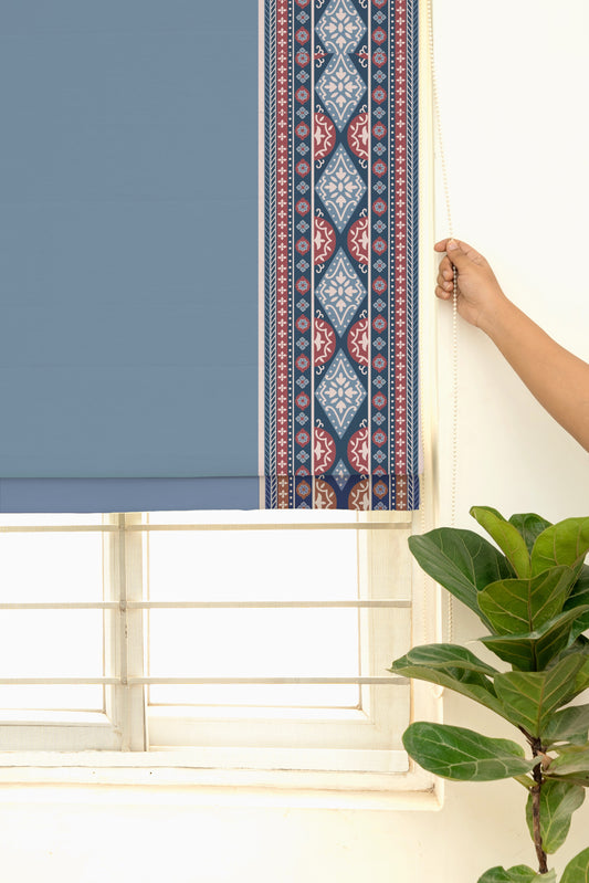 Tara mist blue 100% Cotton with Trim Customizable blind for livingroom & Bedrooms  - Room Darkening - Mist Blue