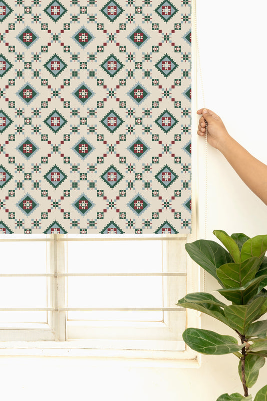 Thinnai 100% Cotton Ethnic Printed Customizable blind for livingroom & Bedrooms-Light Reduction-Green and Red