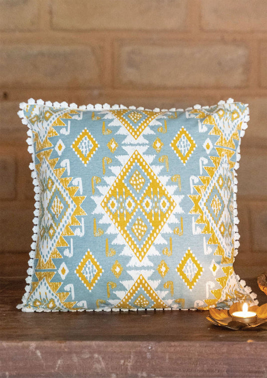 Topaz 100% Cotton Printed Blue and Yellow Cushion Cover - 16"