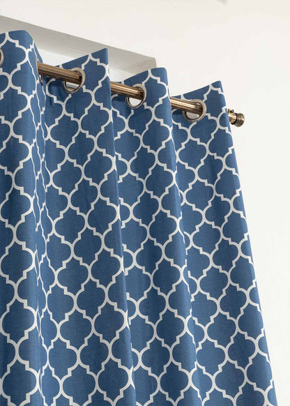Reverse Trellis Royal Blue 100% cotton geometric curtain for bed room - Room darkening - Single Piece