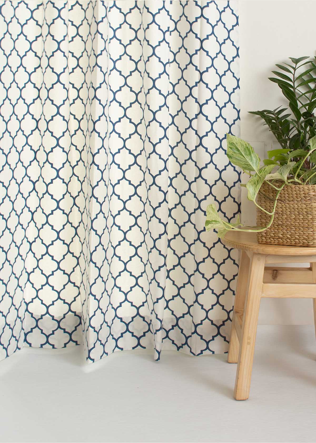 Trellis Printed Royal Blue 100% cotton geometric curtain for bed room - Light Reduction - Single Piece