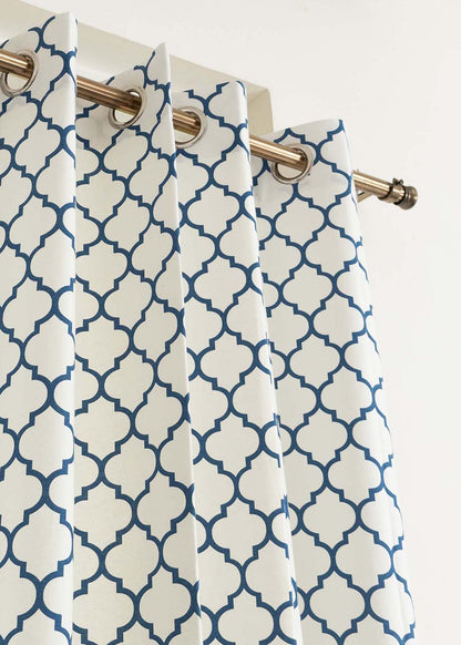 Trellis Printed Royal Blue 100% cotton geometric curtain for bed room - Light Reduction - Single Piece