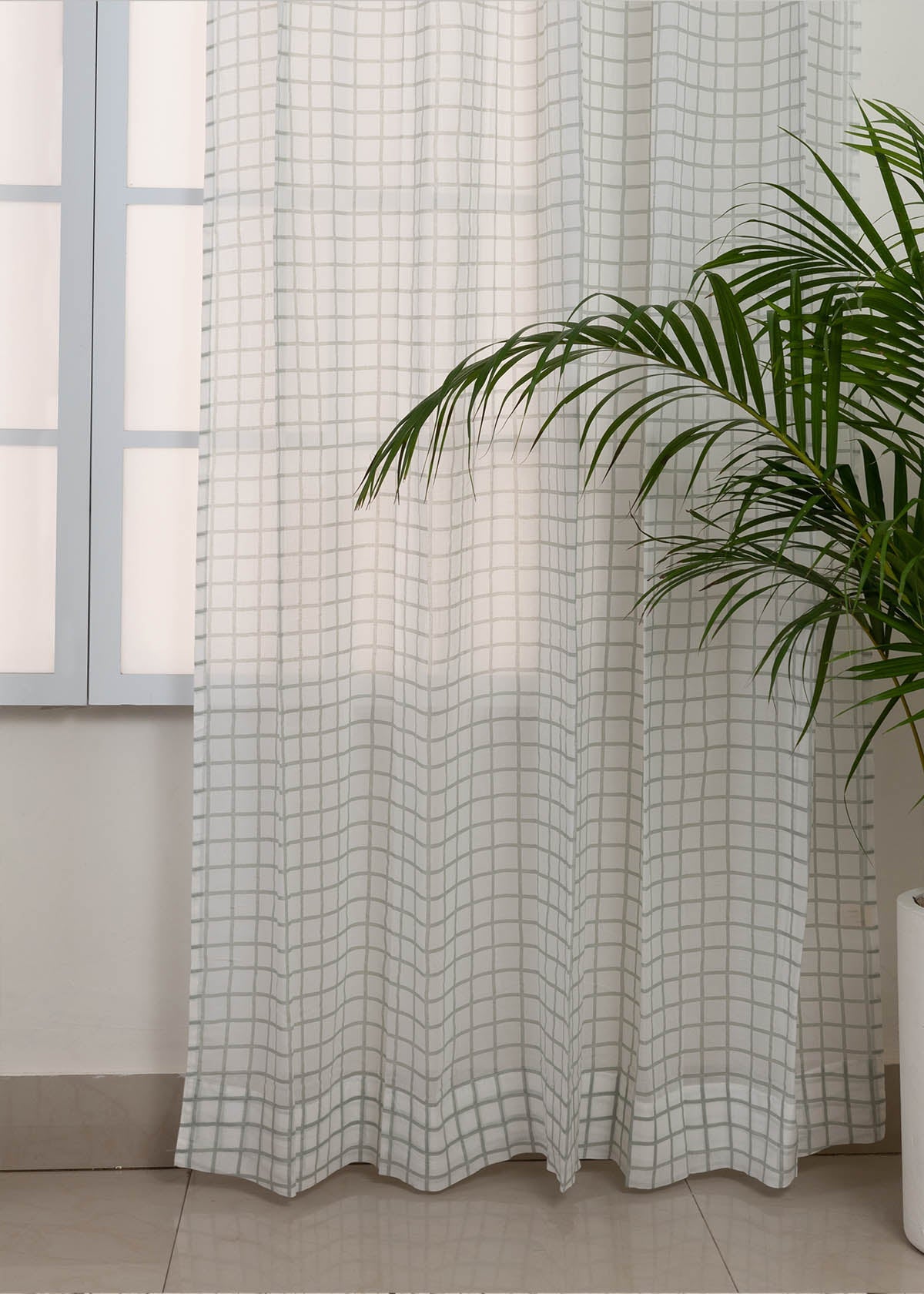 Uneven checks geometric 100 % cotton sheer curtain for Living room & bedroom - Light filtering - Grey - Single Piece