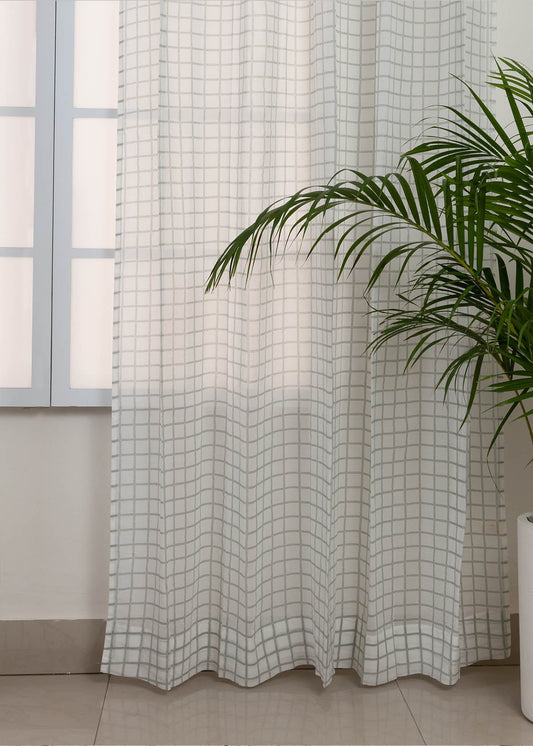 Uneven checks geometric 100 % cotton sheer curtain for Living room & bedroom - Light filtering - Grey - Single Piece