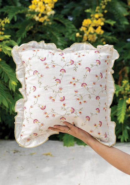 Vaanya 100% Cotton Sheer Embroidered Green and Pink Cushion Cover - 16"