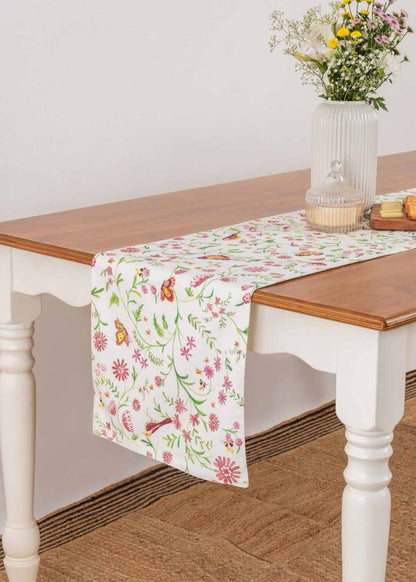 Whimsical Garden 100% cotton floral table runner for 4 seater or 6 seater dining - multicolor